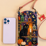 Slim Quilted Phone Crossbody Bag – Black Cat in the Witch’s Library – product image 1