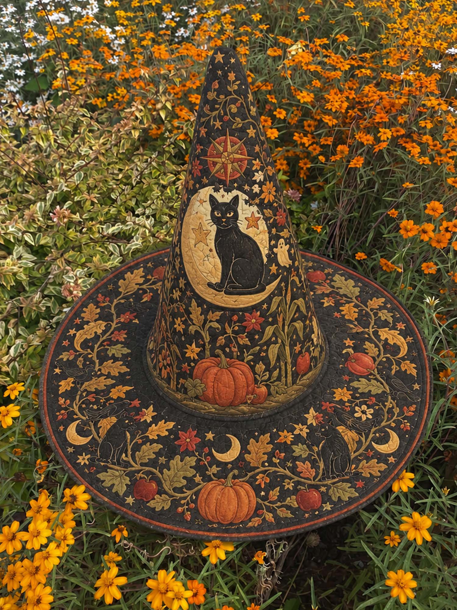 Quilted Witch Hat – Black Cat, Pumpkins and Stars – product image 1