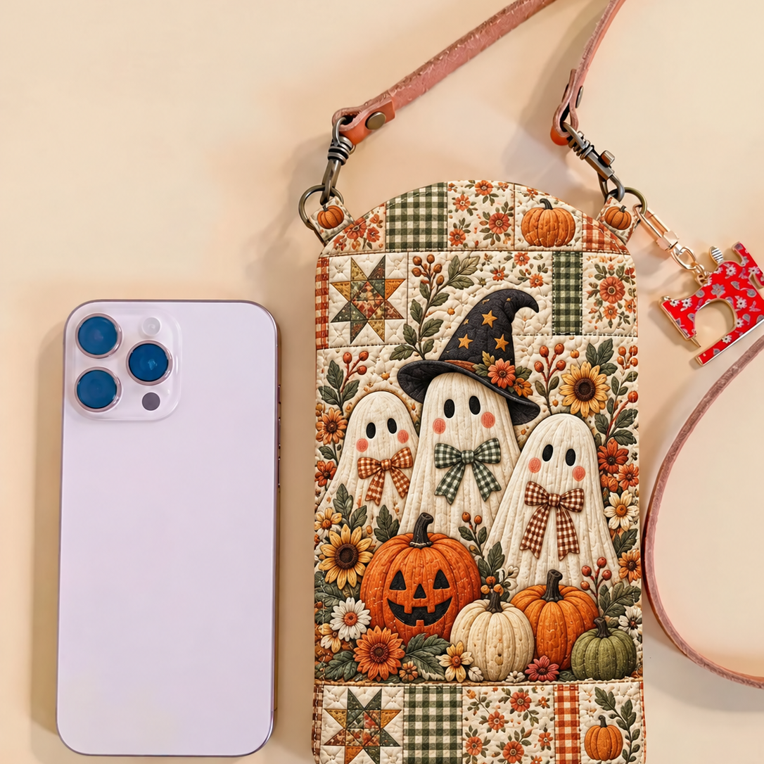 Slim Quilted Phone Crossbody Bag – Ghost Trio in a Pumpkin Patch – product image 1