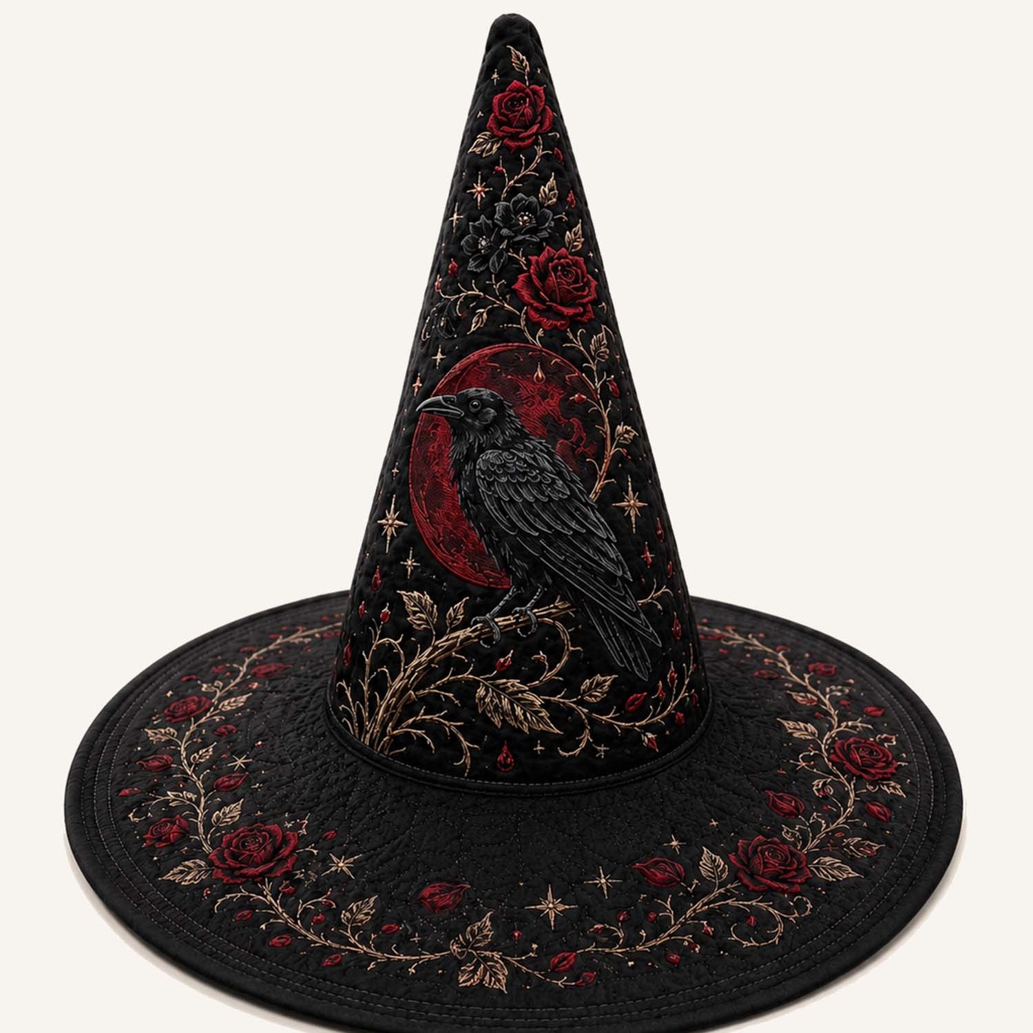 Quilted Witch Hat – Black Roses and Raven in Victorian Style – product image 1