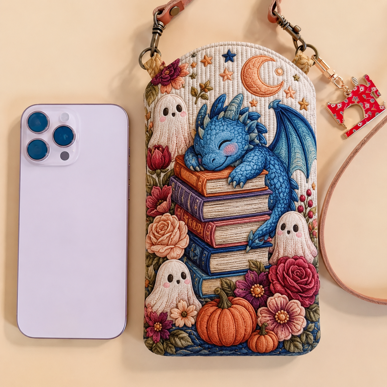 Slim Quilted Phone Crossbody Bag – Sleepy Blue Dragon on a Stack of Books – product image 1