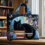 Handcrafted Quilted Tote Bag - Black Cat on Books