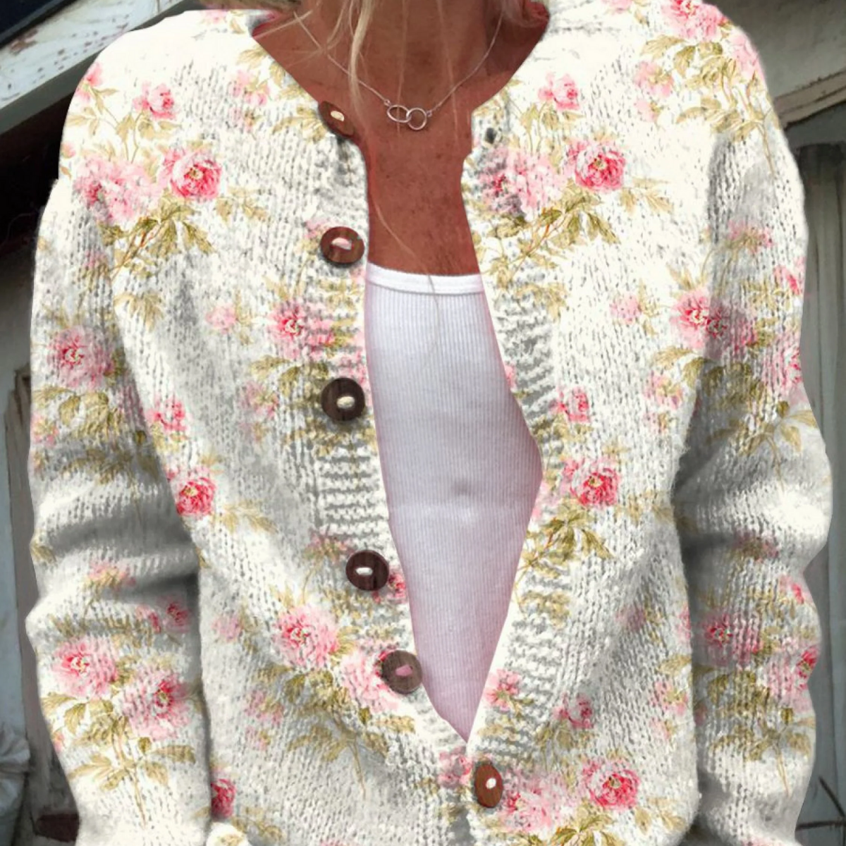 Vintage Floral Knit Cardigan with Pink Flowers on Ivory – product image 1