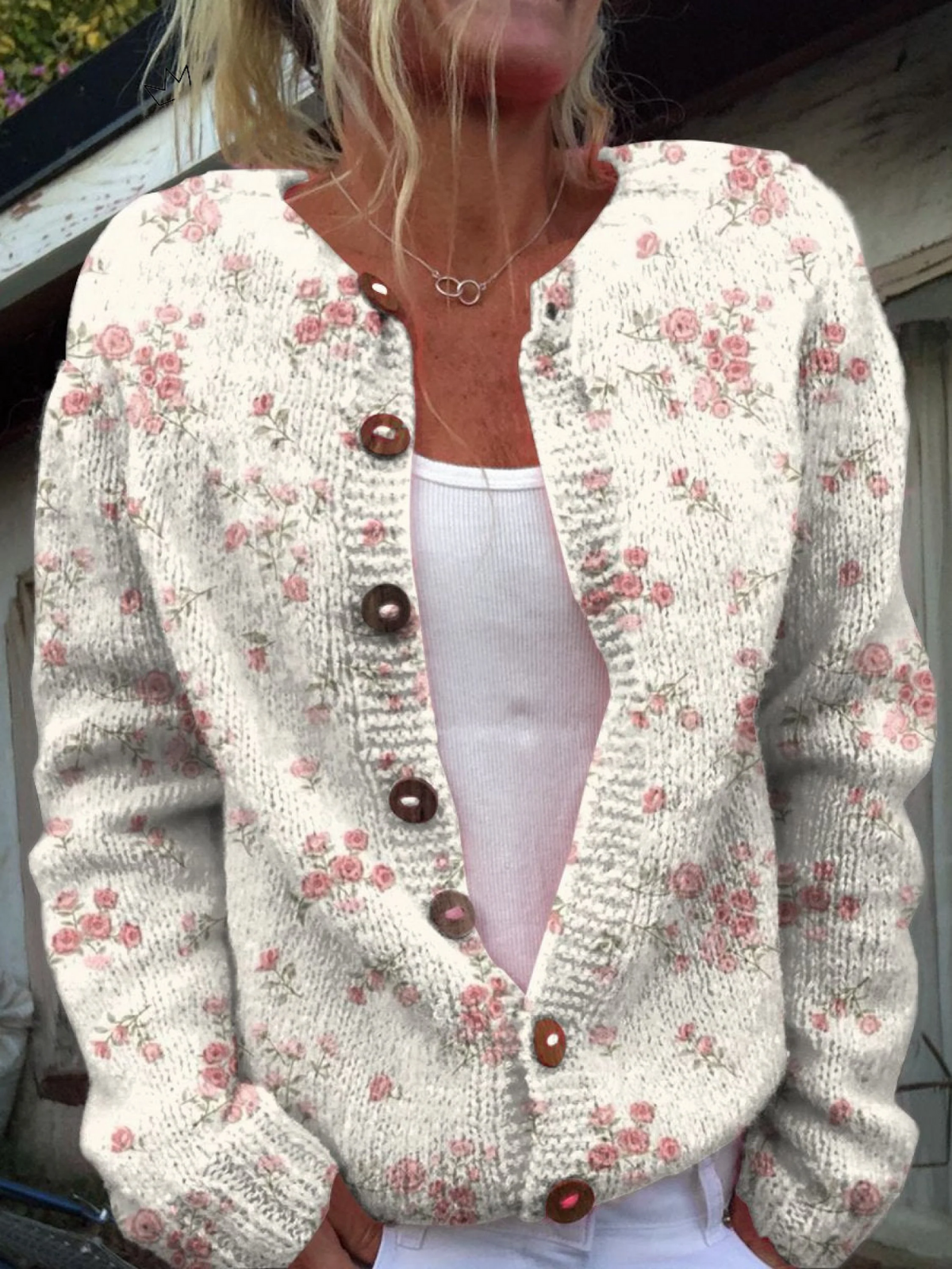 Vintage Rose Print Knit Cardigan with Tortoiseshell-Style Buttons – product image 1