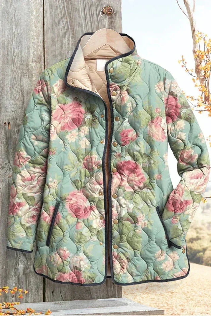 Quilted Jacket with Large Roses in Sage – product image 2