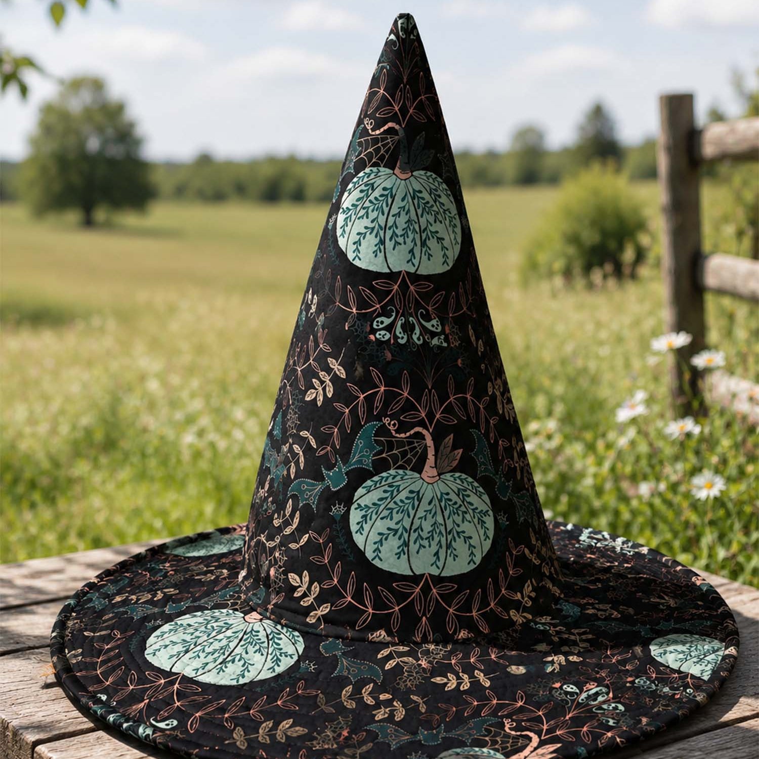 Quilted Witch Hat – Mint Green Halloween Pumpkins – product image 1