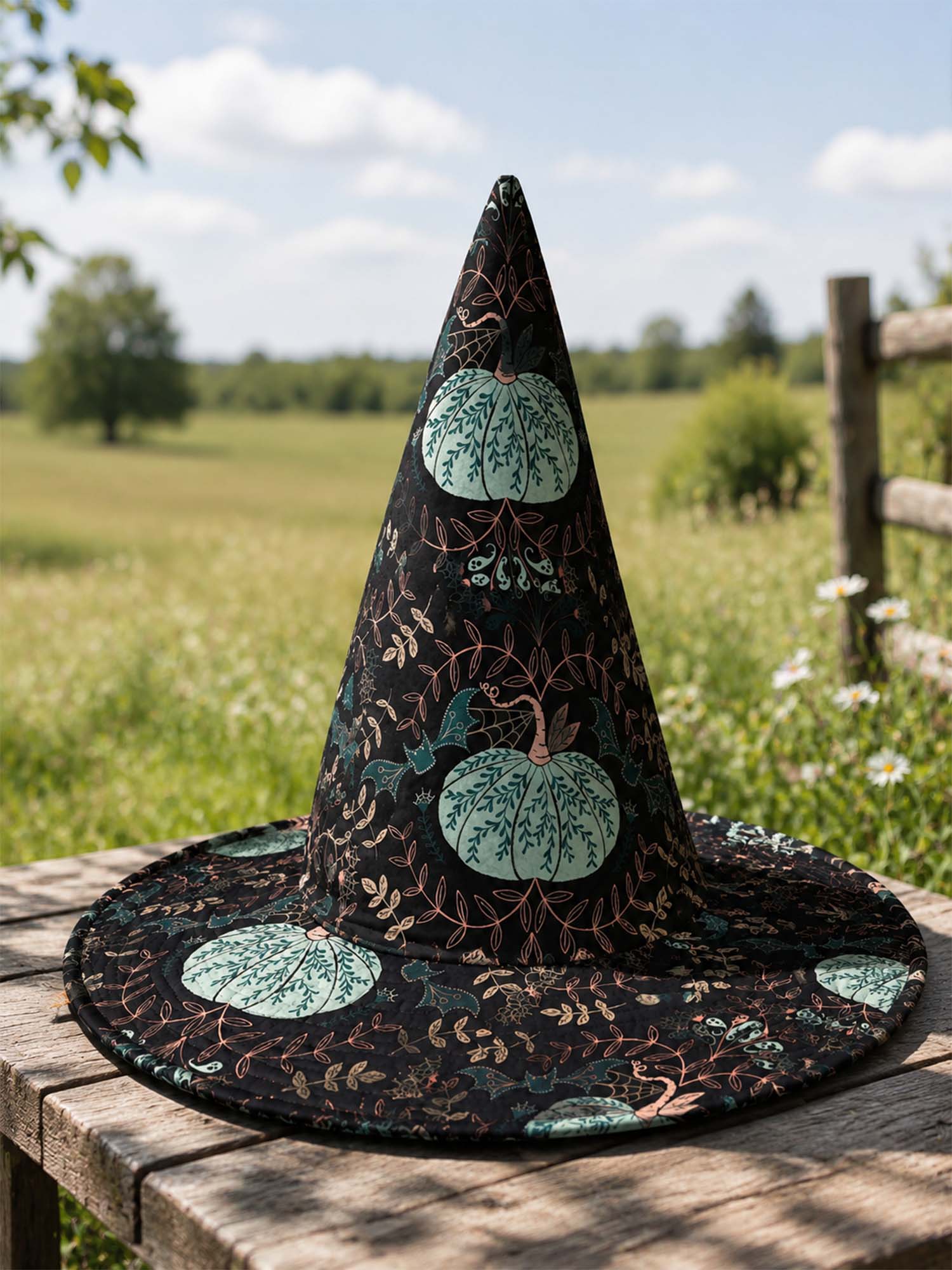 Quilted Witch Hat – Mint Green Halloween Pumpkins – product image 1