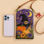 Slim Quilted Phone Crossbody Bag – Witch Hat in a Pumpkin Garden – product image 1