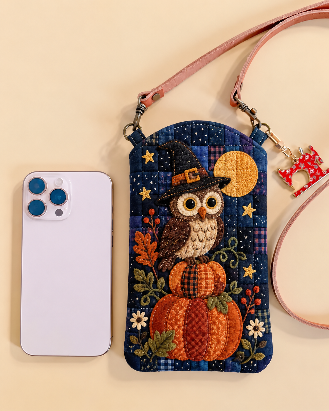 Slim Quilted Phone Crossbody Bag – Owl and Pumpkins in the Moonlight – product image 1