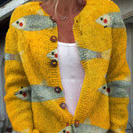 Vintage Fish Print Knit Cardigan in Golden Yellow – product image 1