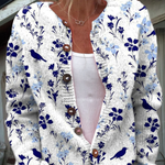 Vintage Bird and Floral Print Button-Front Knit Cardigan – product image 1