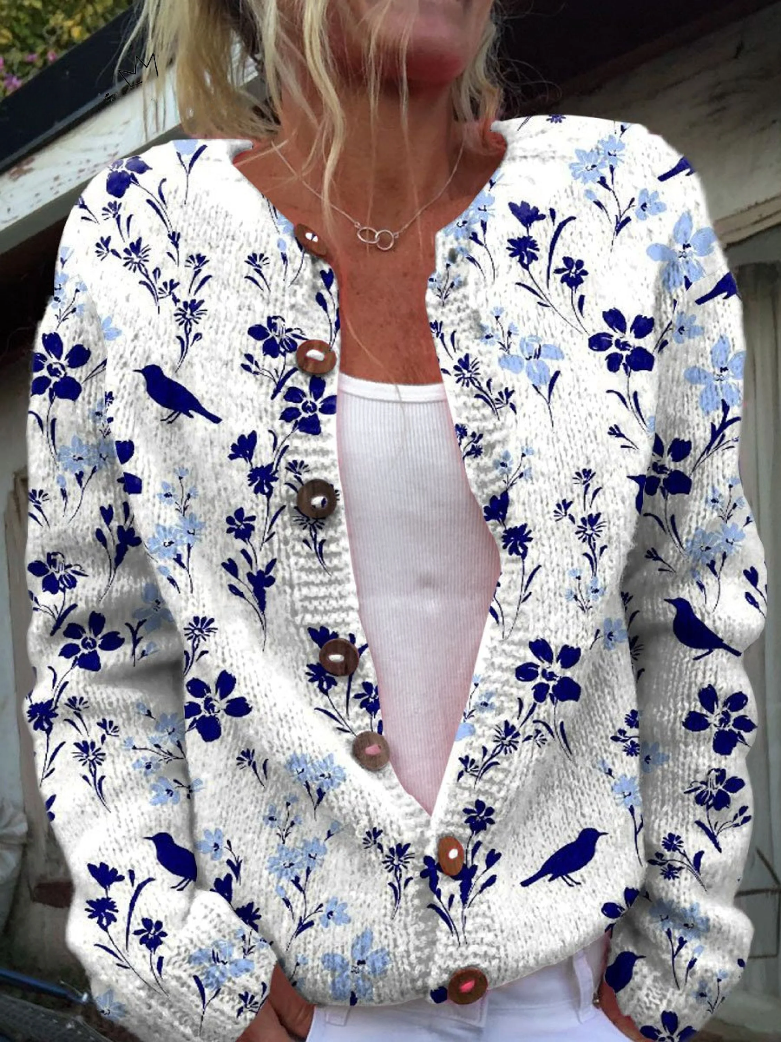 Vintage Bird and Floral Print Button-Front Knit Cardigan – product image 1