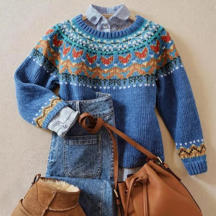 Vintage Fair Isle Knit Jumper with Teal and Rust Motifs – product image 1