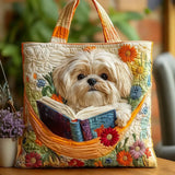 Handcrafted Quilted Tote Bag - Shih Tzu with Book and Flowers