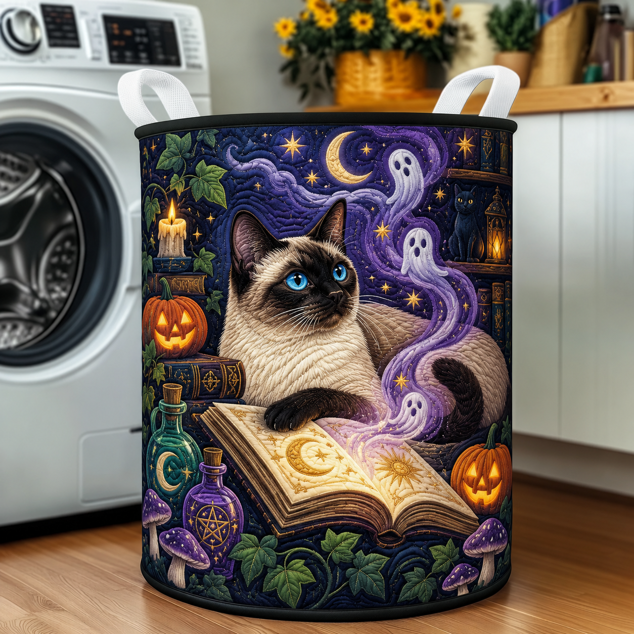 Quilted Laundry Basket – Siamese Cat and Magical Spellbook – product image 1
