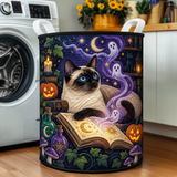 Quilted Laundry Basket – Siamese Cat and Magical Spellbook – product image 1