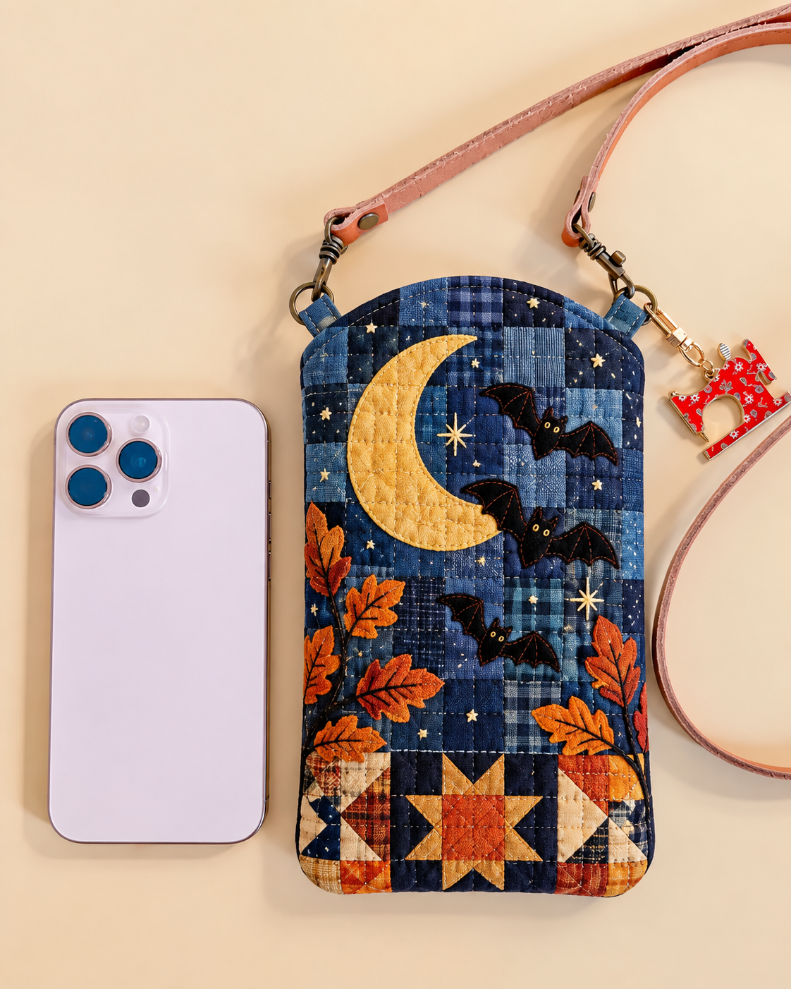 Slim Quilted Phone Crossbody Bag – Bat and Crescent Moon – product image 1