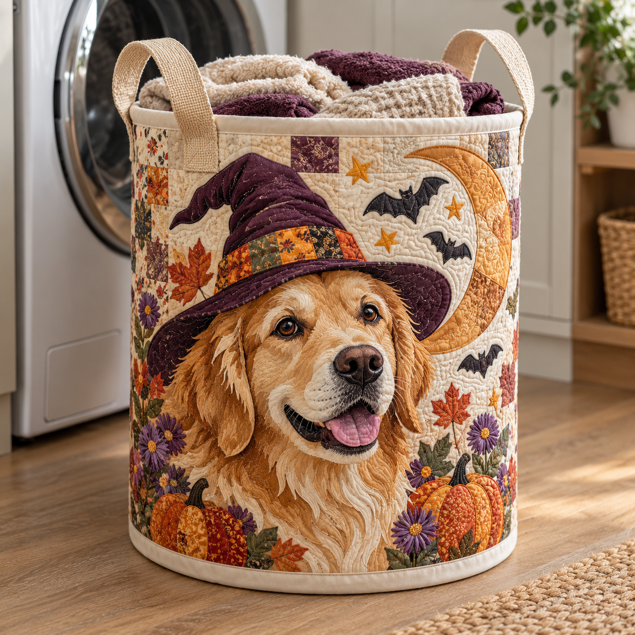 Quilted Laundry Basket – Golden Retriever with Witch Hat – product image 1