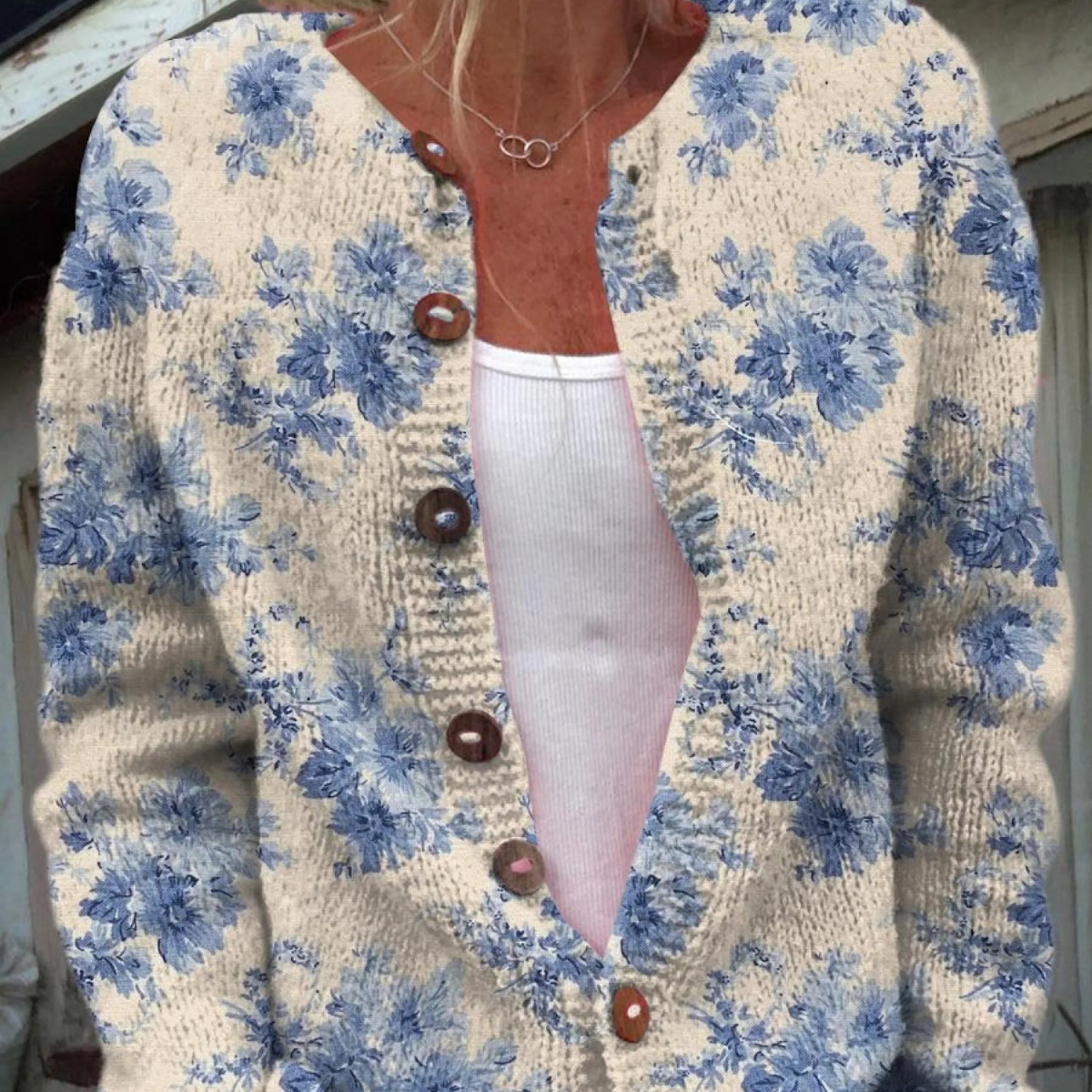 Vintage Blue Floral Knit Cardigan with Tortoiseshell-Style Buttons – product image 1