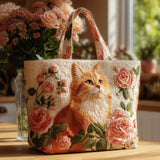 Handcrafted Quilted Tote Bag - Ginger Cat with Pink Roses
