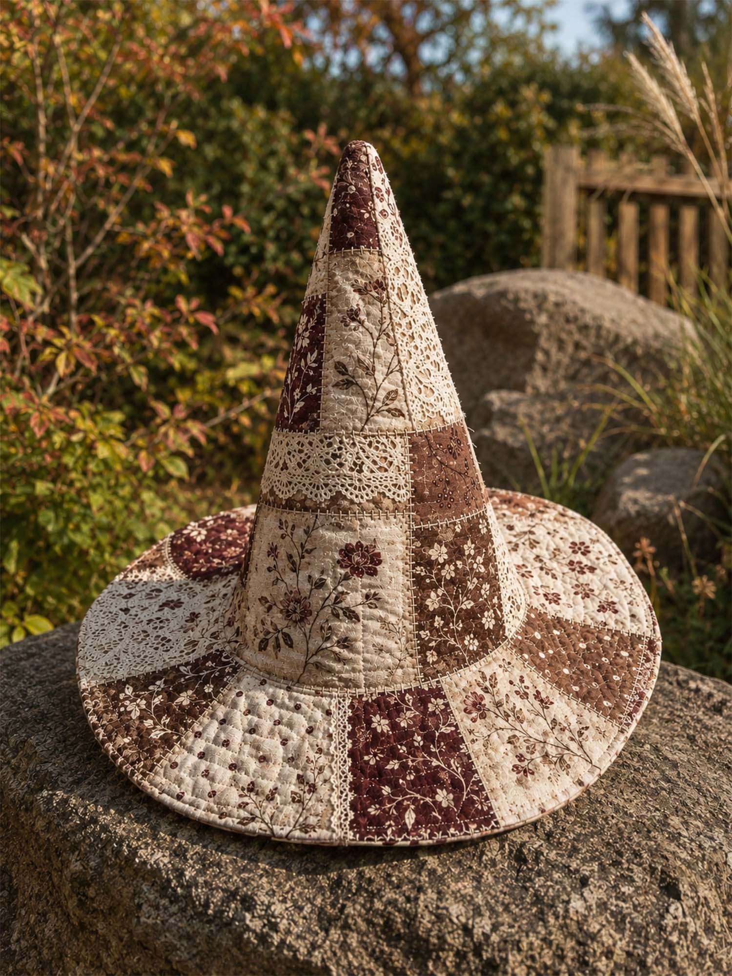 Quilted Witch Hat – Vintage Floral and Lace Patchwork – product image 1