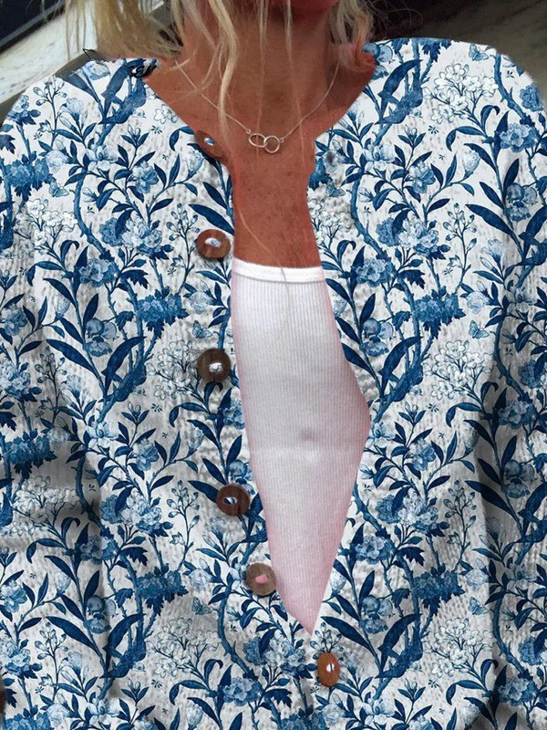 Vintage Blue and White Botanical Button-Front Knit Cardigan – product image 2
