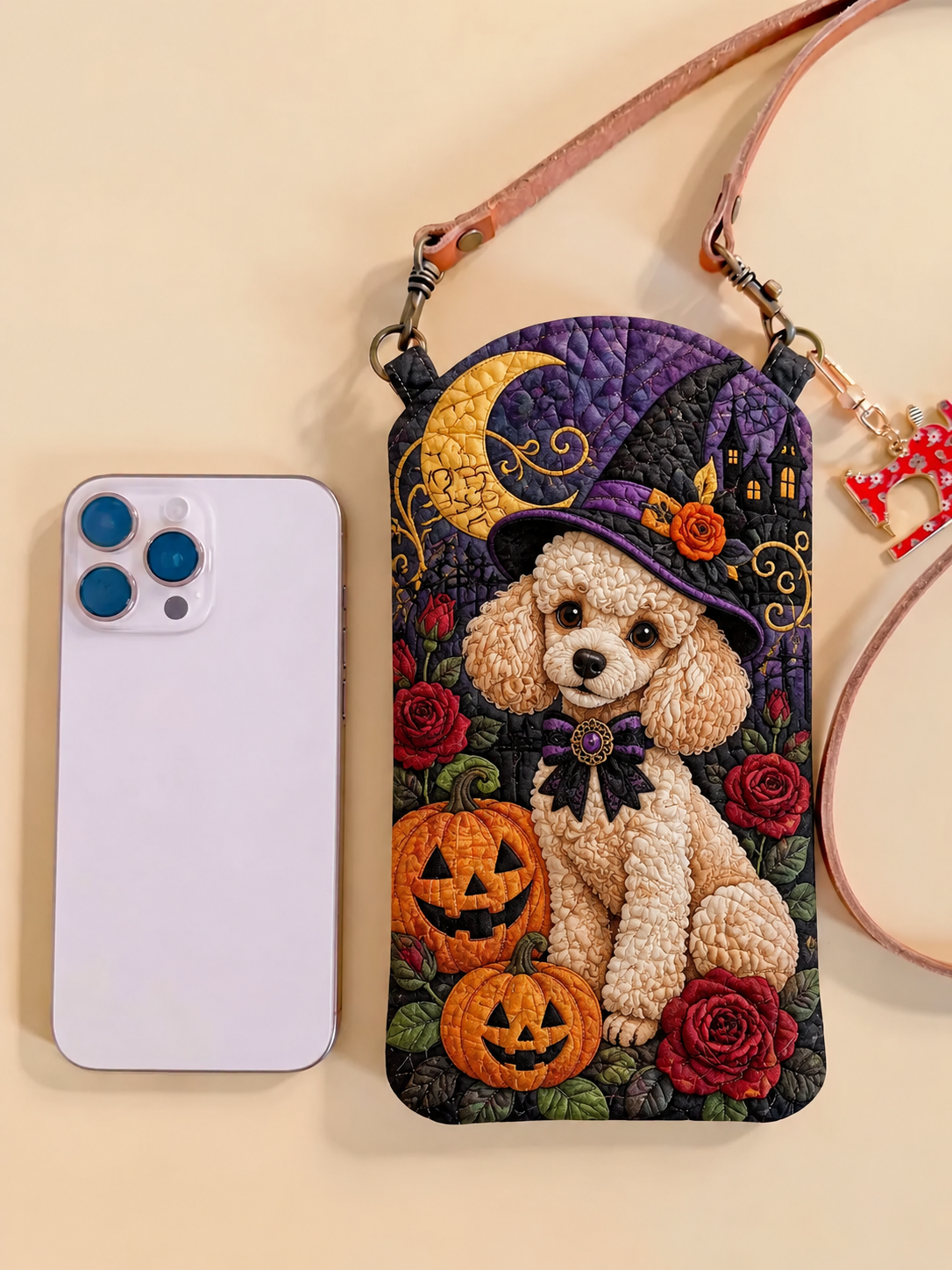 Slim Quilted Phone Crossbody Bag – Puppy with Witch Hat for Halloween – product image 1