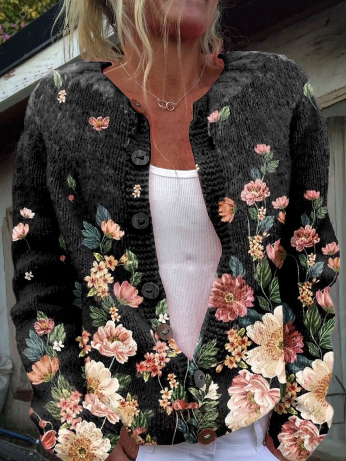 Vintage Floral Knit Cardigan in Pink, Cream and Sage on Black – product image 1