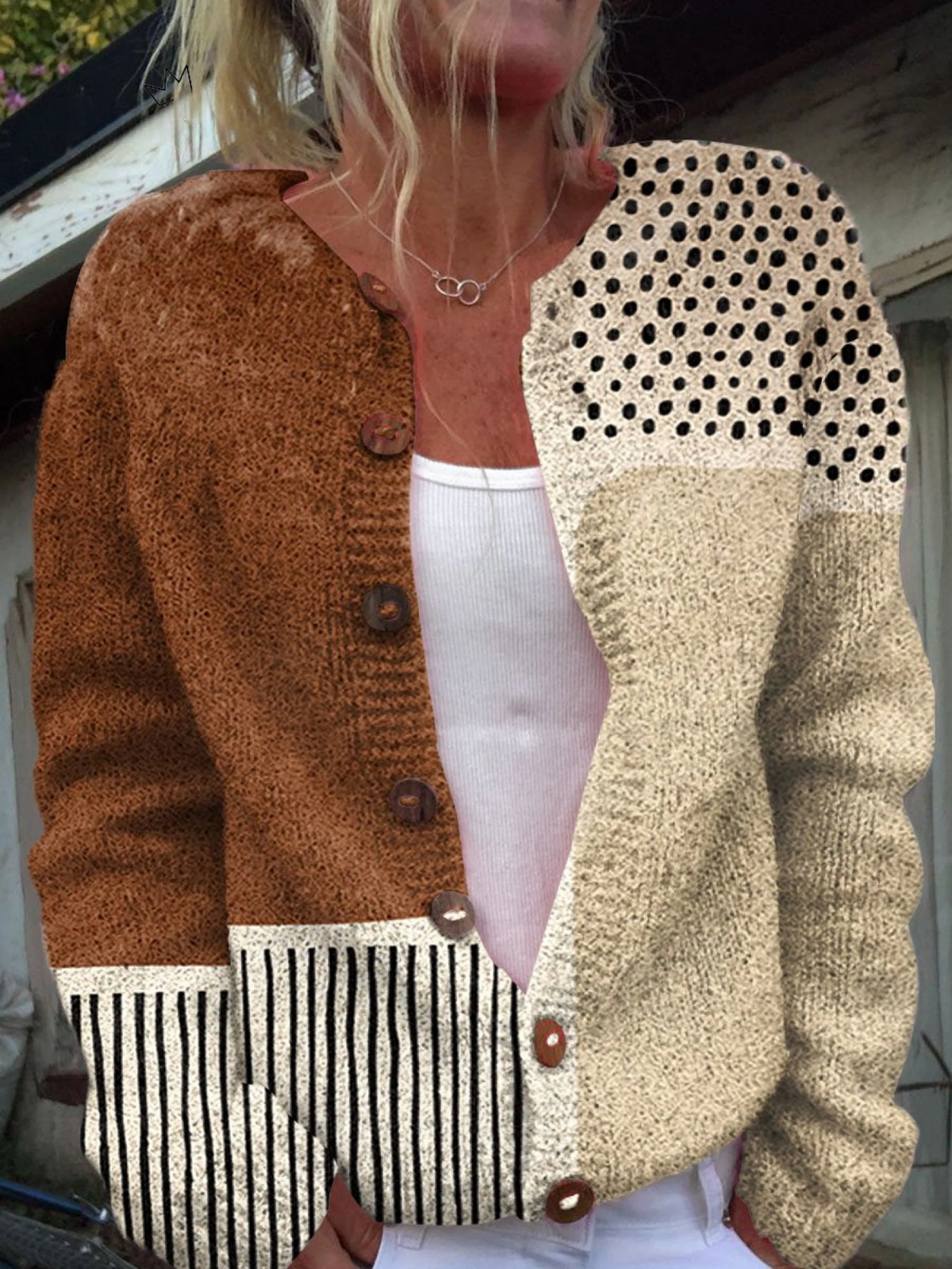 Vintage Patchwork Knit Cardigan with Ribbed Trim – product image 1