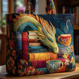 Handcrafted Quilted Tote Bag - Reading Dragon with Books and Teacups