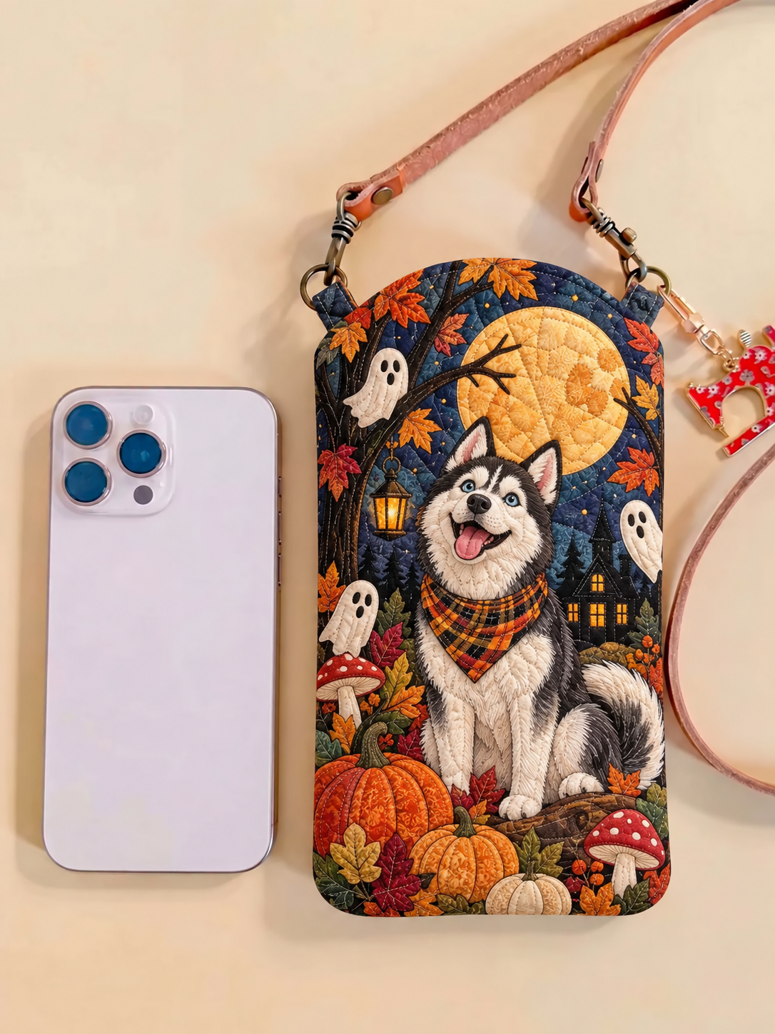 Slim Quilted Phone Crossbody Bag – Halloween Husky in the Moonlight – product image 1