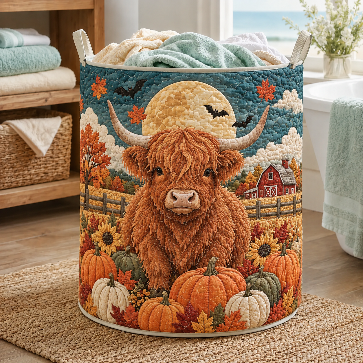 Quilted Laundry Basket – Highland Cow under the Autumn Moon – product image 1