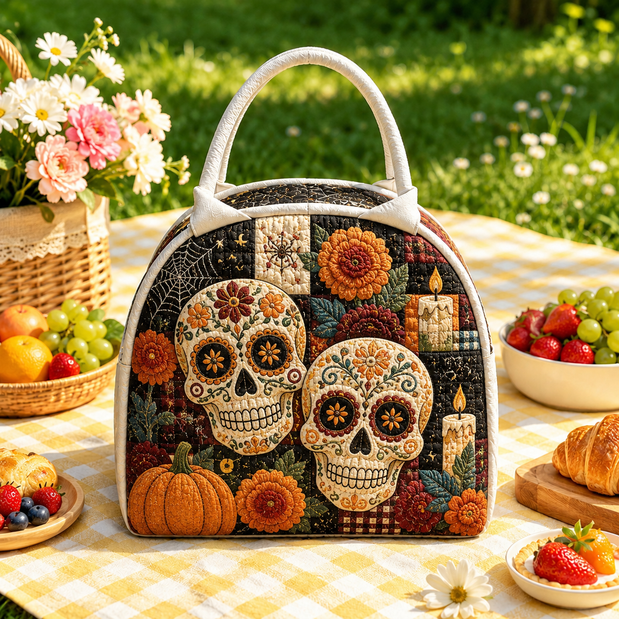 Quilted Lunch Bag – Sugar Skull with Flowers – product image 1