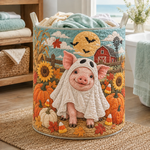 Quilted Laundry Basket – Piglet in a Ghost Costume at Harvest Time – product image 1