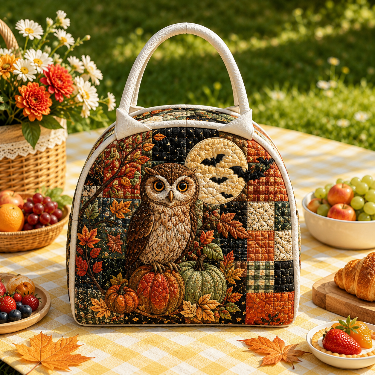 Quilted Lunch Bag – Owl and Harvest Moon – product image 1