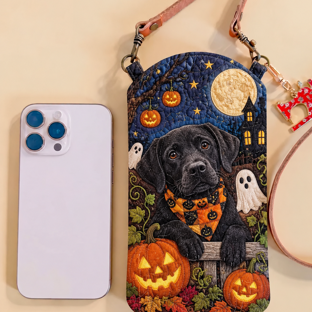 Slim Quilted Phone Crossbody Bag – Black Labrador with Spooky Pumpkins – product image 1