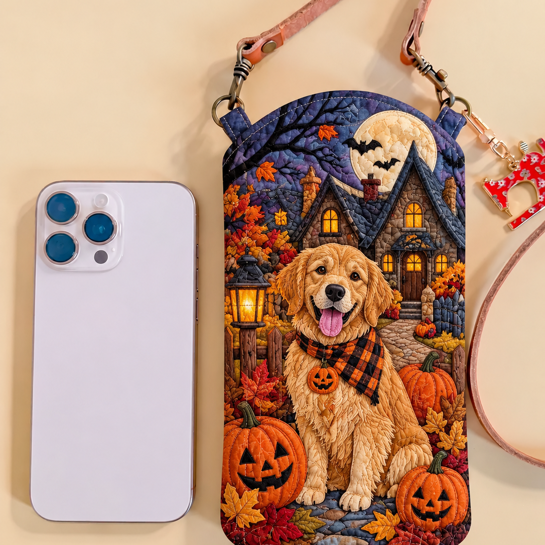 Slim Quilted Phone Crossbody Bag – Golden Retriever on Pumpkin Night – product image 1