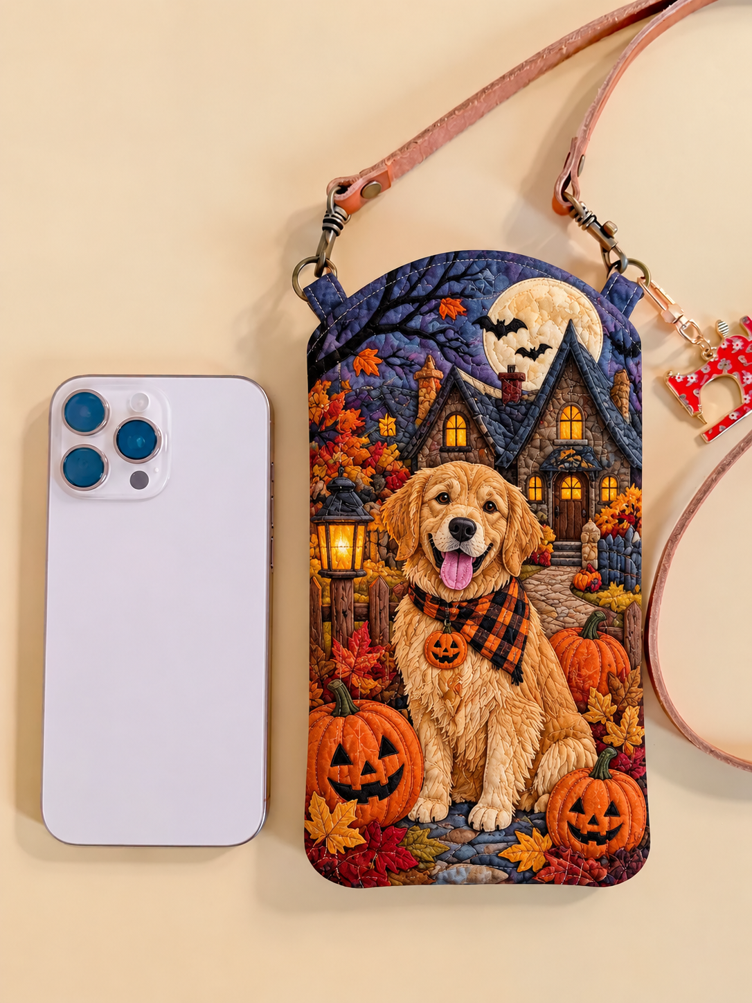 Slim Quilted Phone Crossbody Bag – Golden Retriever on Pumpkin Night – product image 1