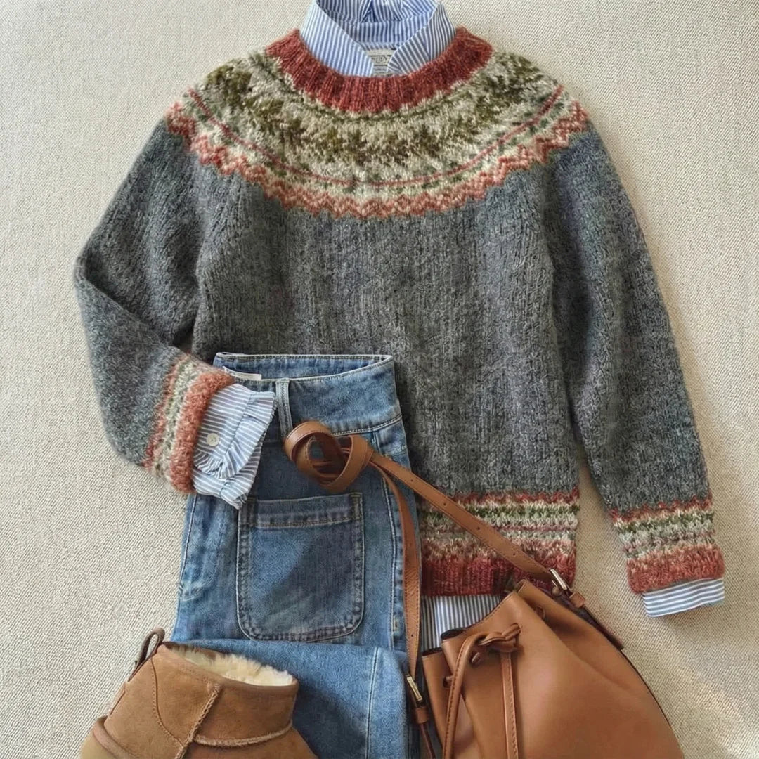 Vintage Nordic Knit Jumper with Terracotta and Sage Motifs – product image 1