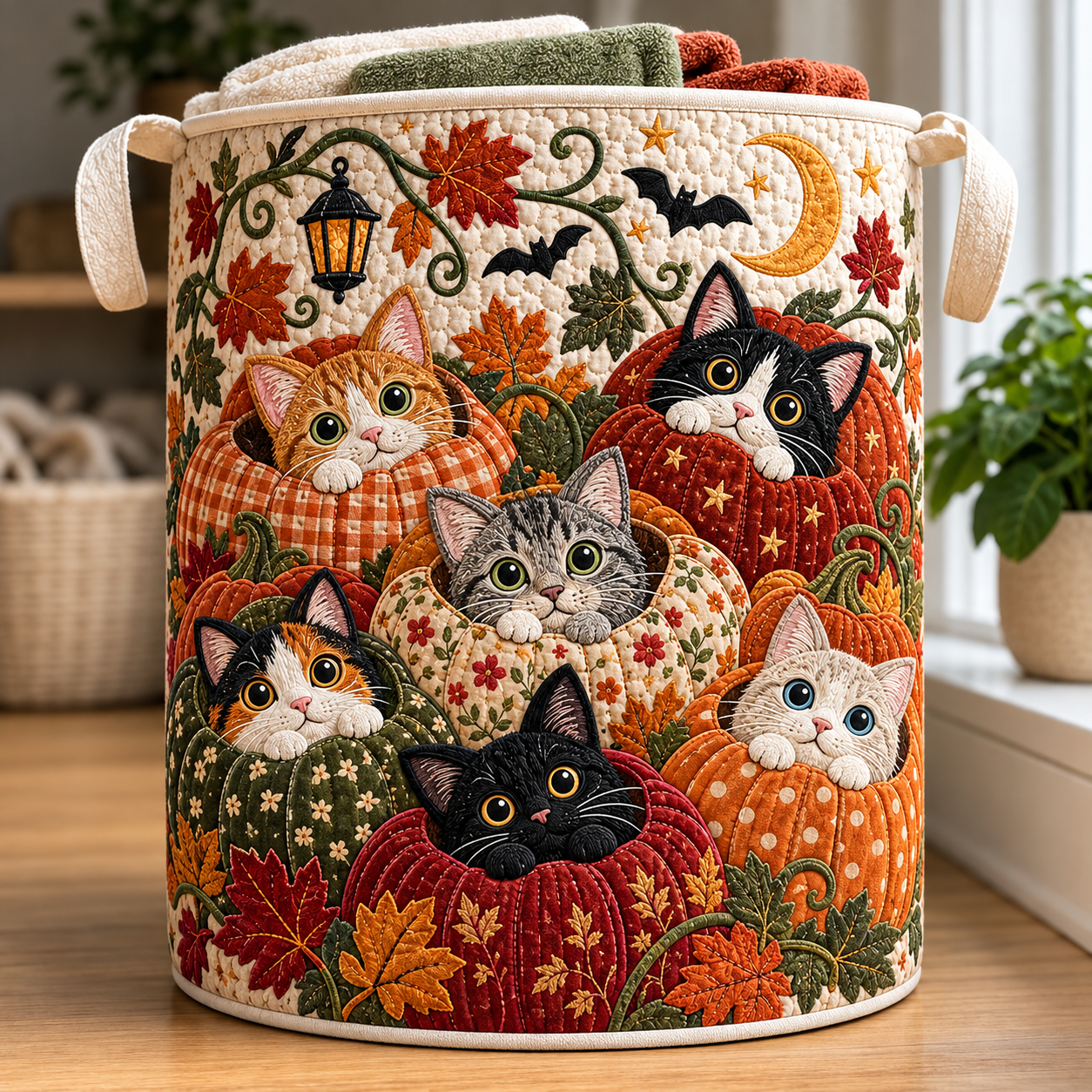 Quilted Laundry Basket – Cats and Autumn Pumpkins – product image 1