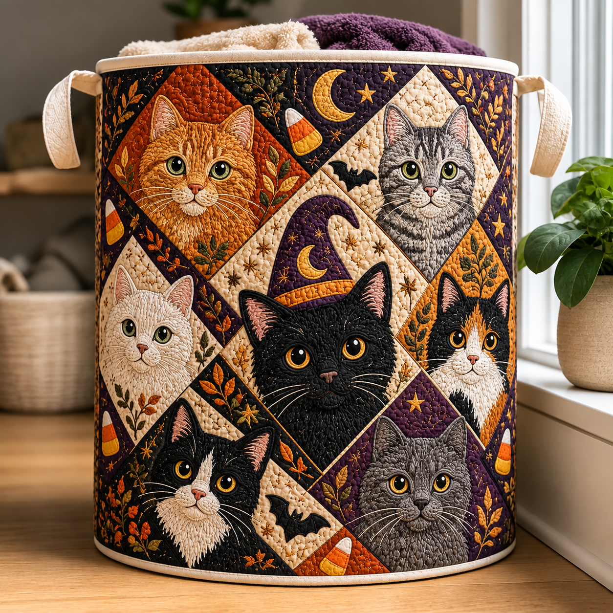 Quilted Laundry Basket – Collage of Spooky Cat Portraits – product image 1