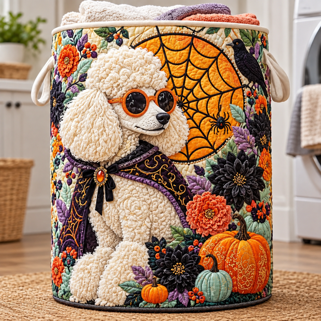 Quilted Laundry Basket – Spooky Poodle and Spider Web – product image 1