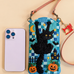 Slim Quilted Phone Crossbody Bag – Black Cat in Blue Patchwork – product image 1