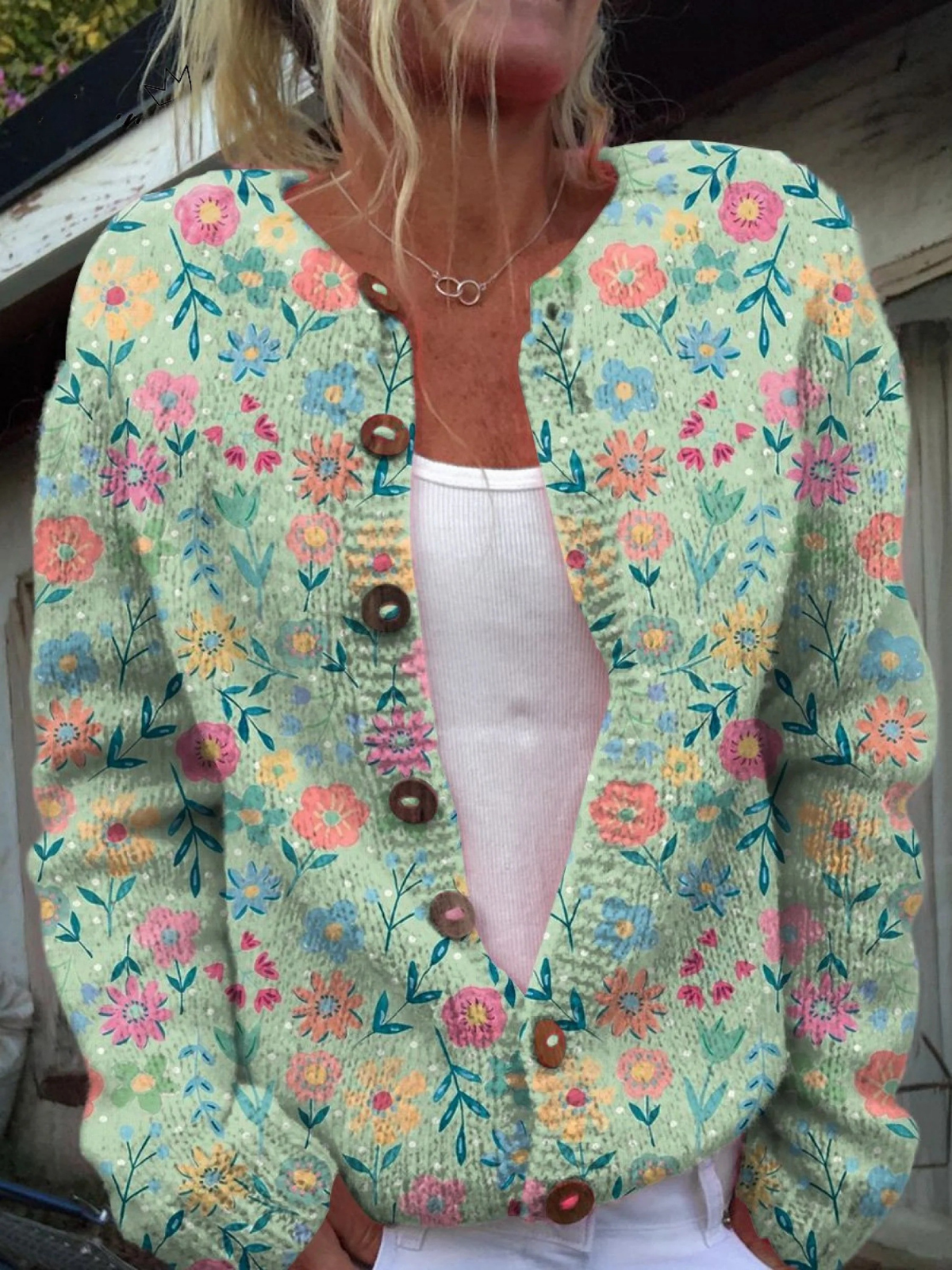 Vintage Pastel Floral Knit Cardigan with Wooden Toggles – product image 1