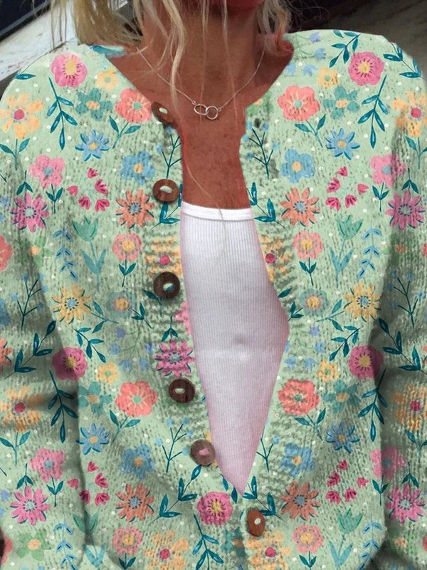 Vintage Pastel Floral Knit Cardigan with Wooden Toggles – product image 2