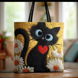 Handcrafted Quilted Tote Bag - Black Cat with Heart and Daisies