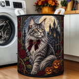 Quilted Laundry Basket – Grey Cat and Pumpkins in a Dark Style – product image 1