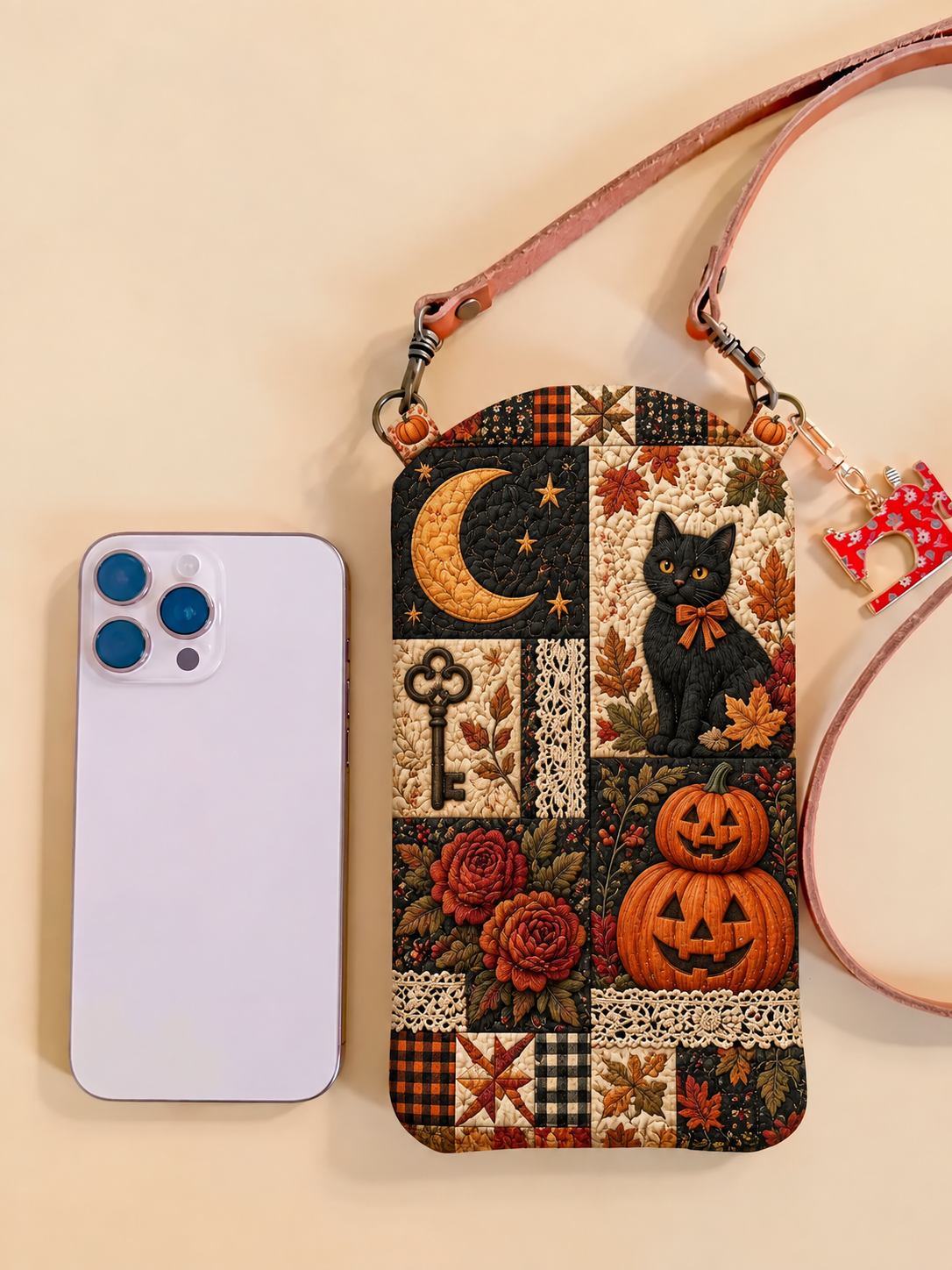 Slim Quilted Phone Crossbody Bag – Black Cat Moonlight Patchwork – product image 1