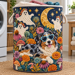 Quilted Laundry Basket – Border Collie in a Ghost Garden by Moonlight – product image 1