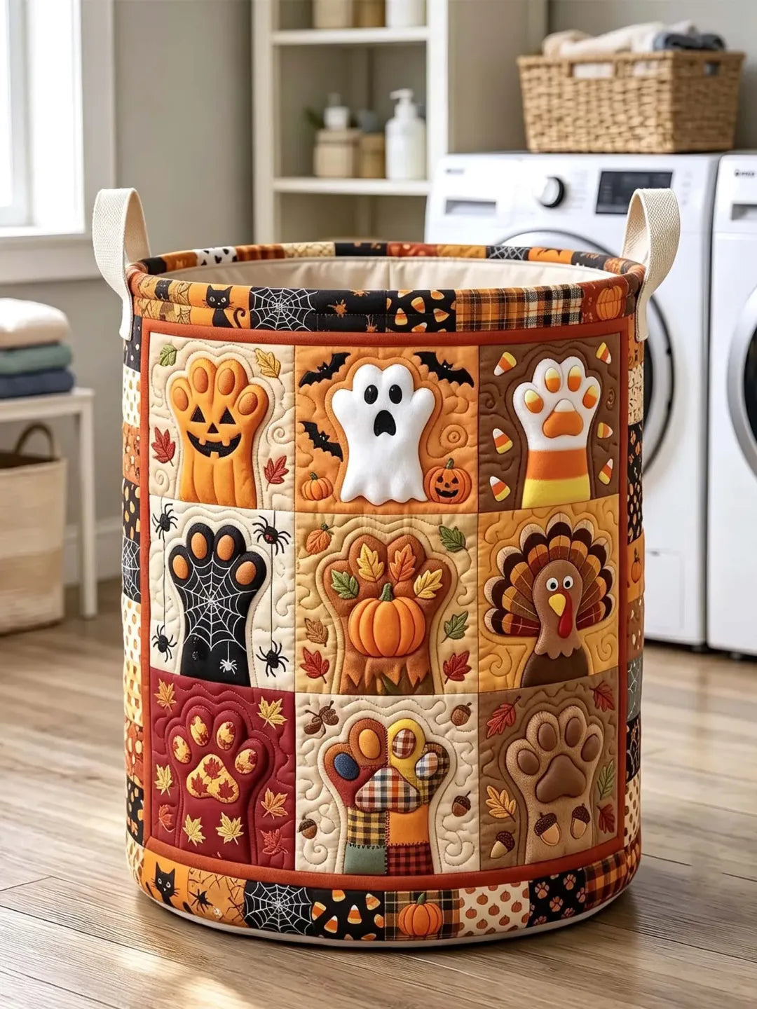 Quilted Laundry Basket – Halloween Pumpkins, Ghosts and Turkey Footprints – product image 1